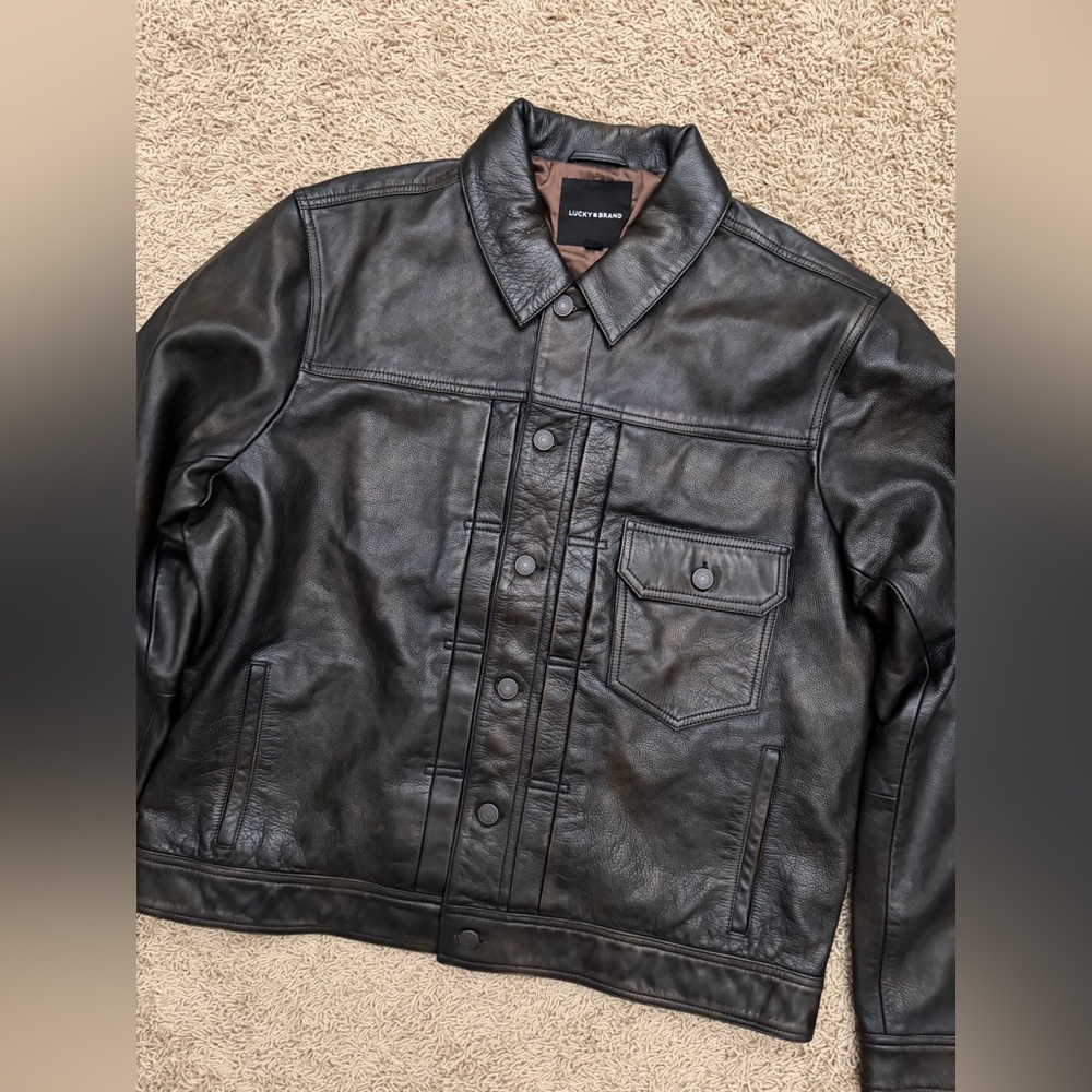 NWT Lucky Brand Men's Leather Trucker Jacket Size Large Brown Black MSRP $499 - Picture 2 of 5